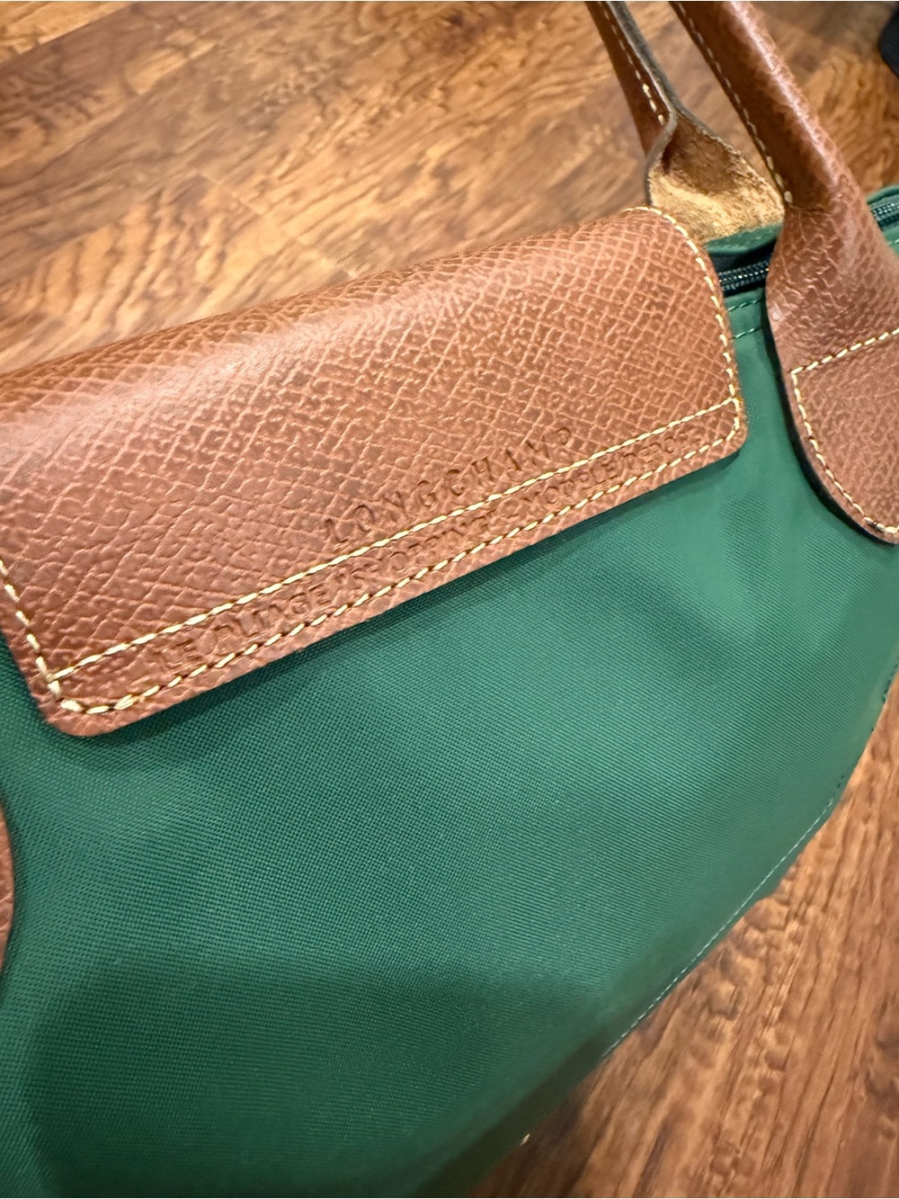 Longchamp Le Pliage Original M Tote British Green Brown Leather - Picture 9 of 15